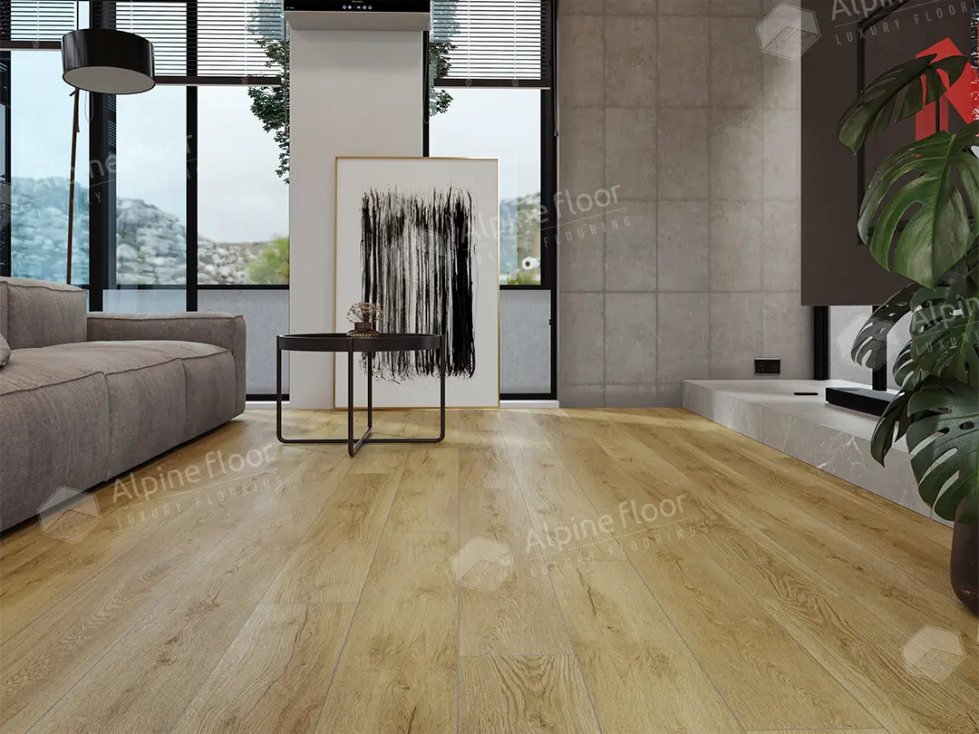 Кварцвиниловый SPC ламинат Alpine Floor Eclipse Super Matt Фраменто ECO 21-10 1220×183×4 фото в интерьере